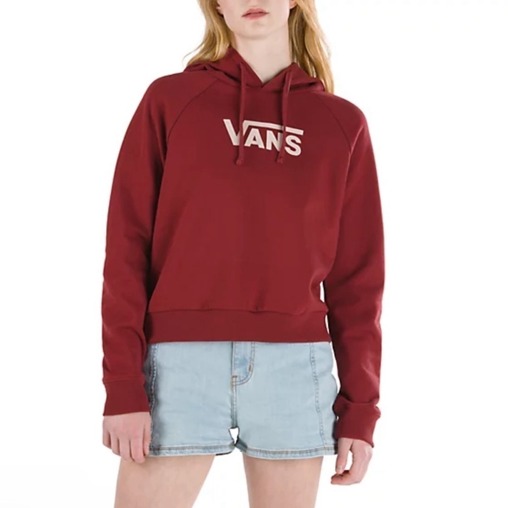 Vans Sweatshirt Hoodie Boxy Red  Burgundy Cropped Waist Logo Length Size Medium